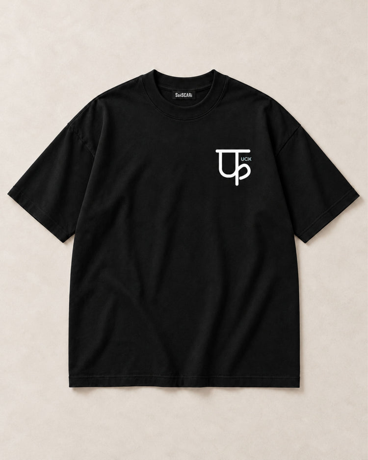 Minimalistic फuck black oversized tee, full front on a stone background