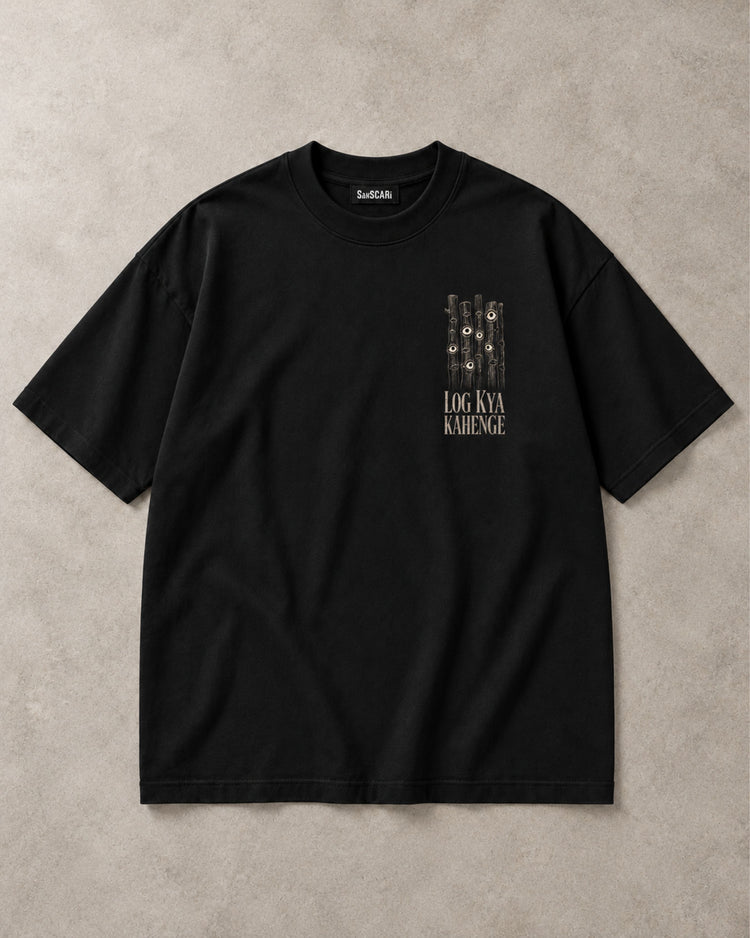 Log Kya Kahenge? black oversized tee, full front on a stone background
