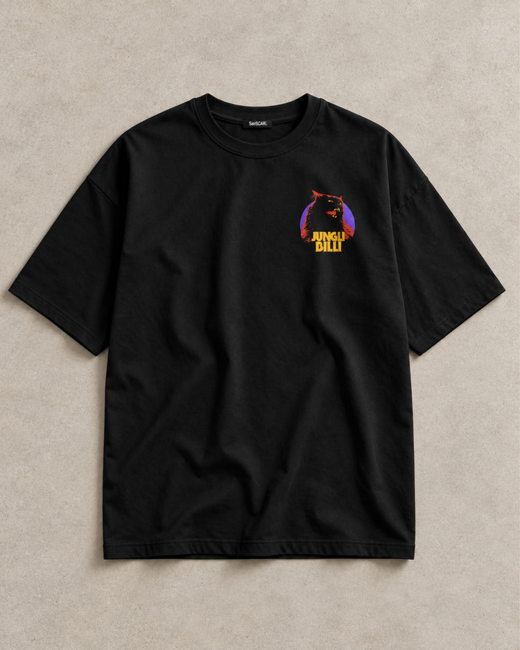 Jungli Billi black oversized tee, full front on a stone background