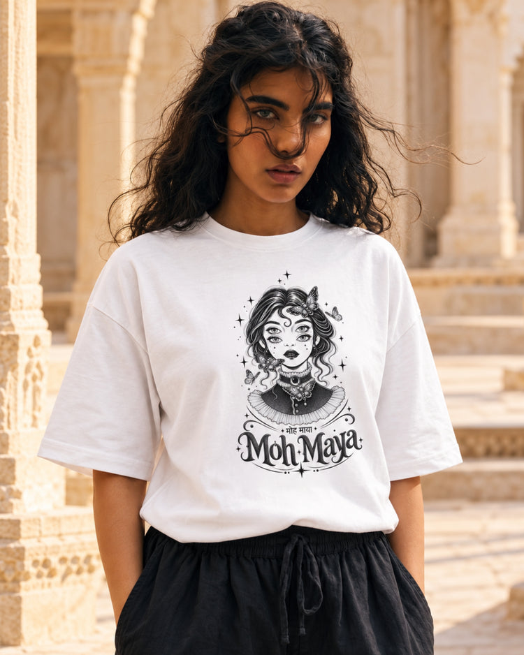 Model wearing the Moh Maya white oversized tee
