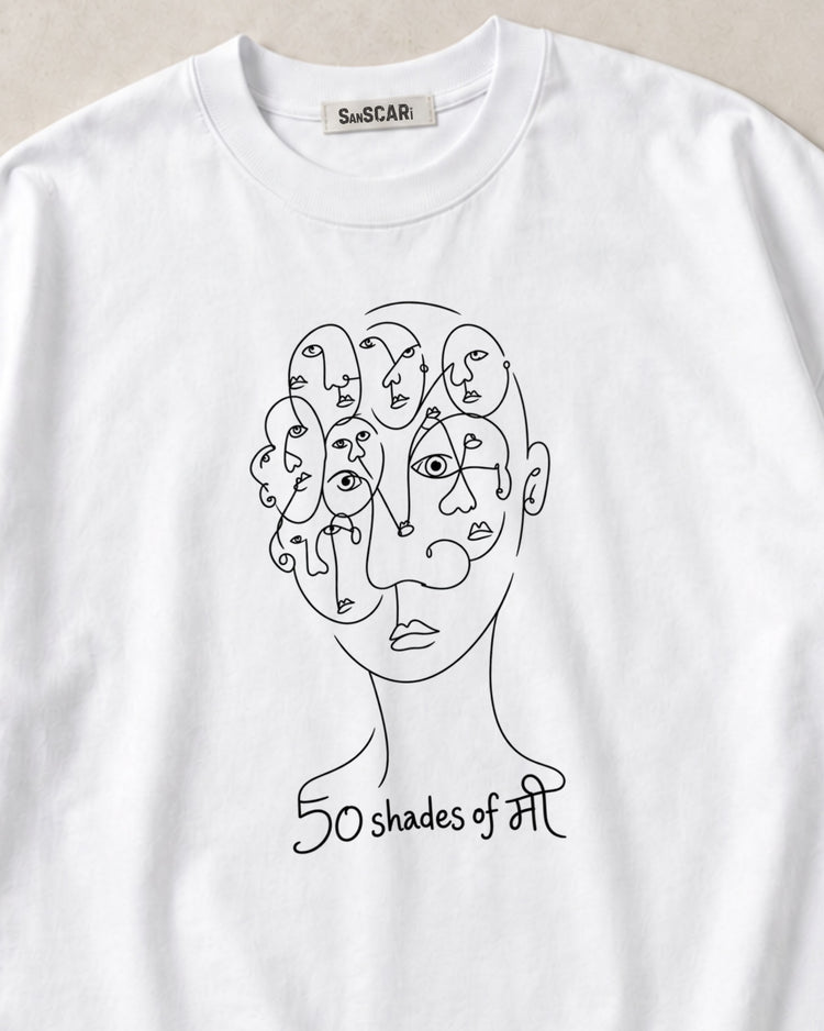 Close-up of the 50 Shades of मी line-art faces print