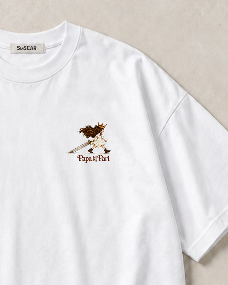 Papa ki Pari white oversized tee laid flat, close-up of the chest print