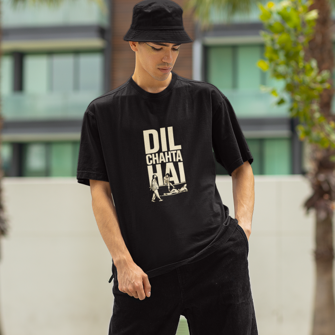 Dil Chahta Hai oversized black tee with Bollywood-inspired design, perfect for adventure-loving streetwear enthusiasts.