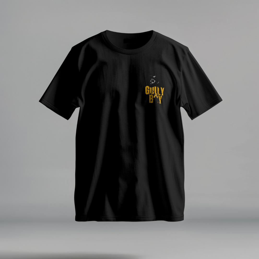 Gully Boy oversized black t-shirt with bold lettering, perfect for desi hip-hop streetwear enthusiasts.