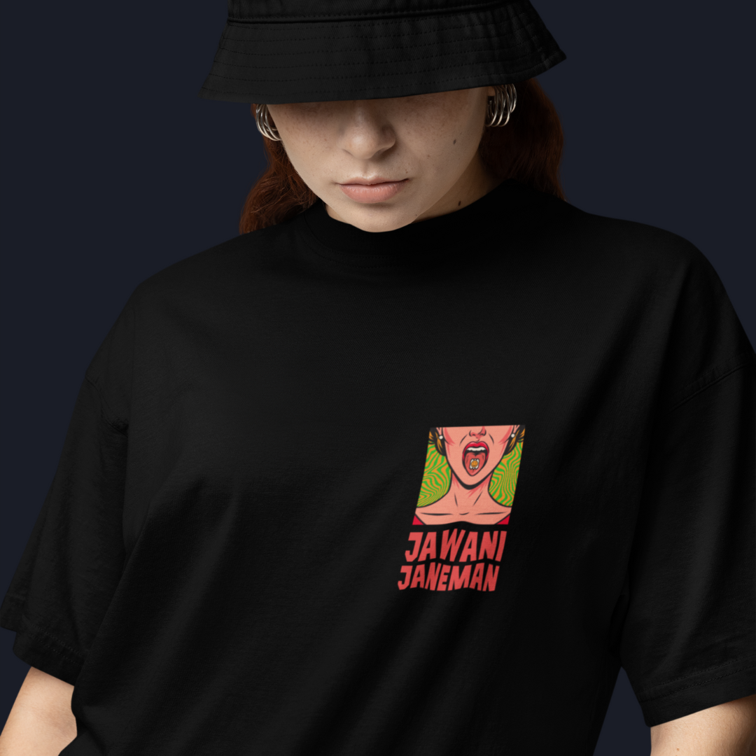 Jawaani Jaaneman oversized black t-shirt with Bollywood-inspired design, perfect for youthful streetwear enthusiasts.