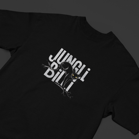 Jungli Billi oversized black tee with a wild black cat design, perfect for bold streetwear enthusiasts.