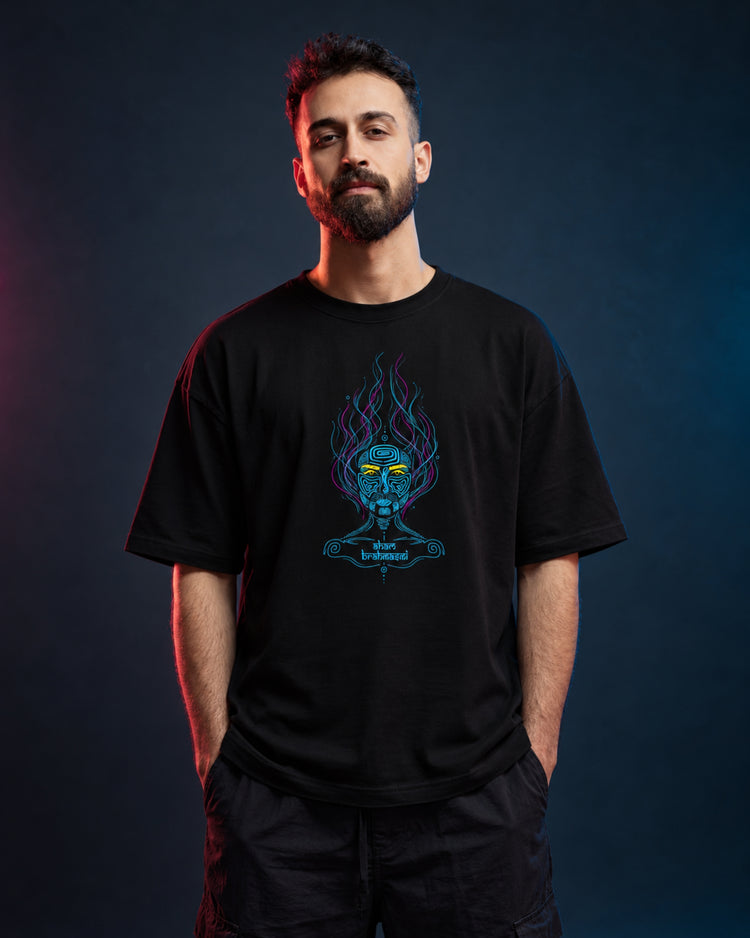 Model wearing the Aham Brahmasmi black oversized tee