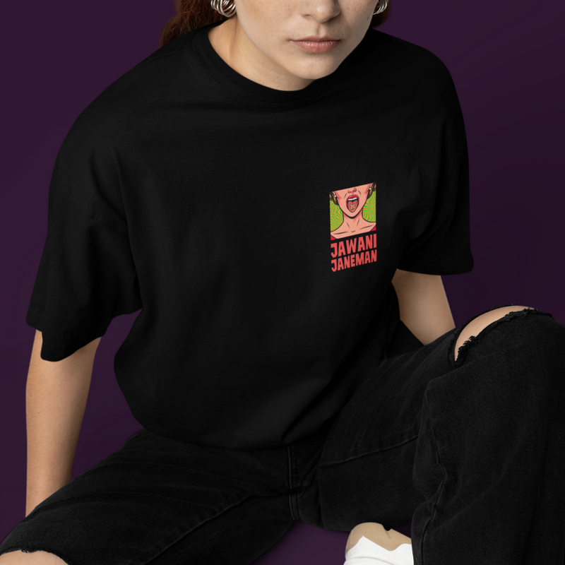 Jawaani Jaaneman oversized black t-shirt with Bollywood-inspired design, perfect for youthful streetwear enthusiasts.