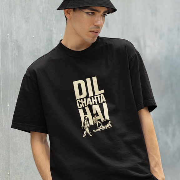 Dil Chahta Hai oversized black tee with Bollywood-inspired design, perfect for adventure-loving streetwear enthusiasts.