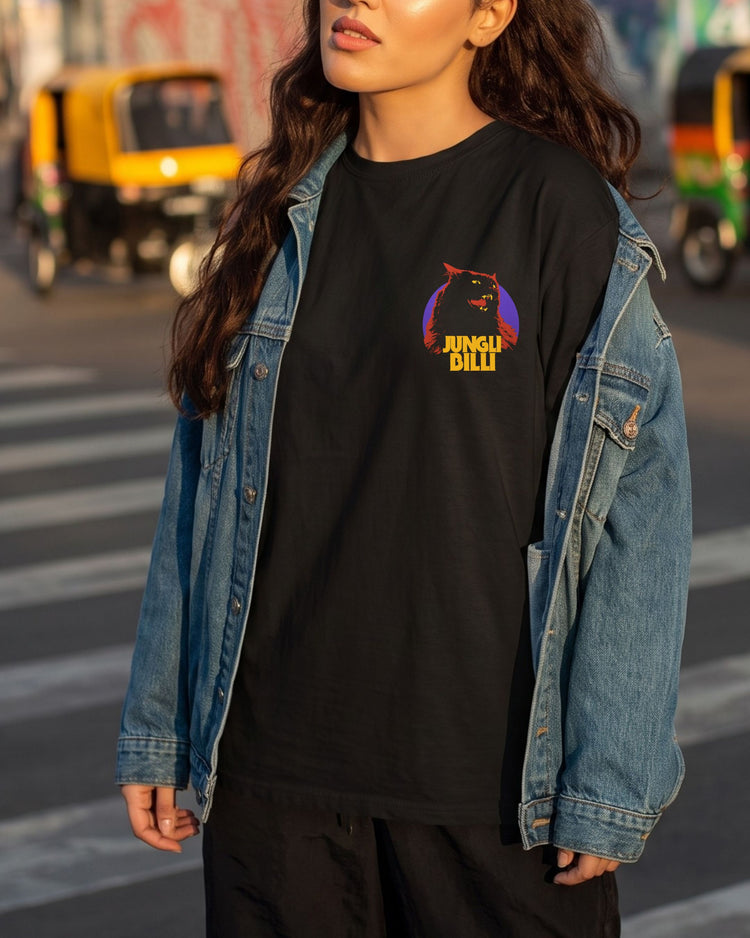 Jungli Billi black tee styled under a denim jacket