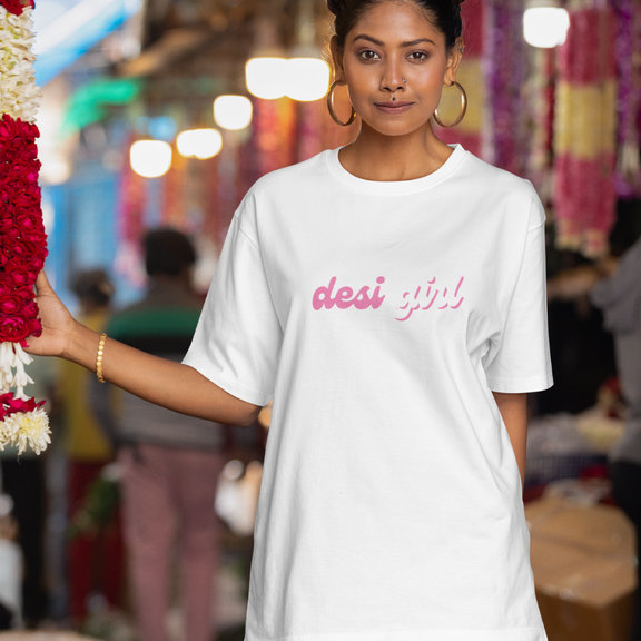 Desi Girl oversized tee with bold design, perfect for confident, culture-loving women.