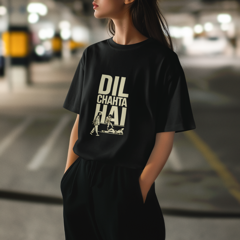 Dil Chahta Hai oversized black tee with Bollywood-inspired design, perfect for adventure-loving streetwear enthusiasts.