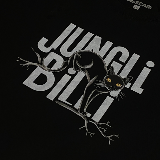 Jungli Billi oversized black tee with a wild black cat design, perfect for bold streetwear enthusiasts.