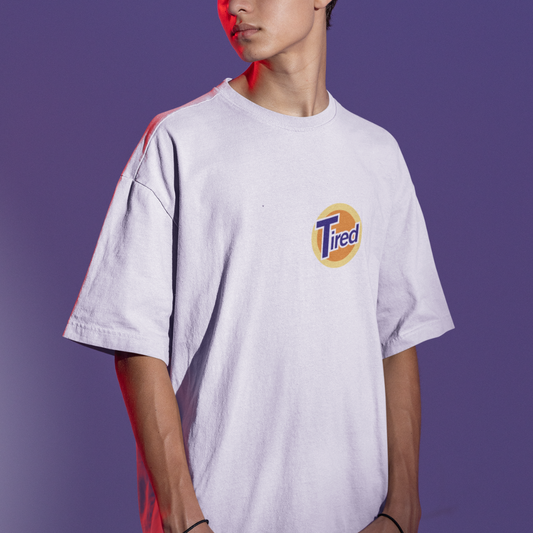 Quirky Tired graphic t-shirt inspired by Tide logo, perfect for party wear and chill vibes, oversized unisex streetwear, SanSCARi collection.