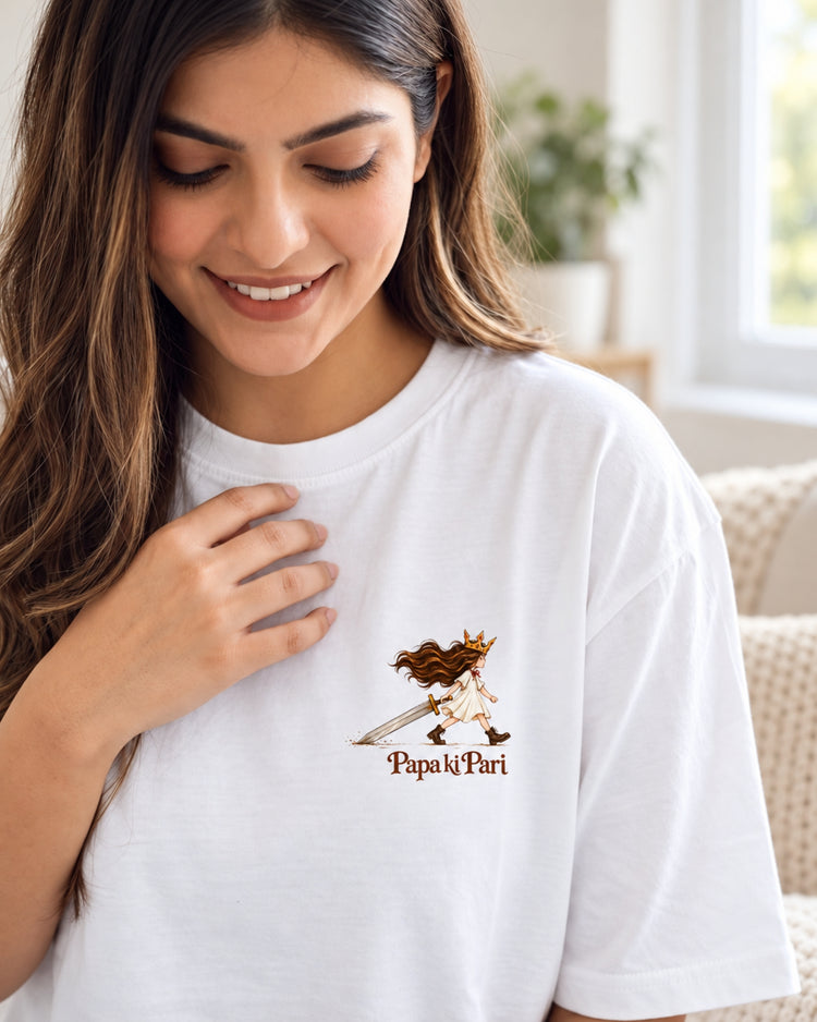 Papa ki Pari print detail on a white tee