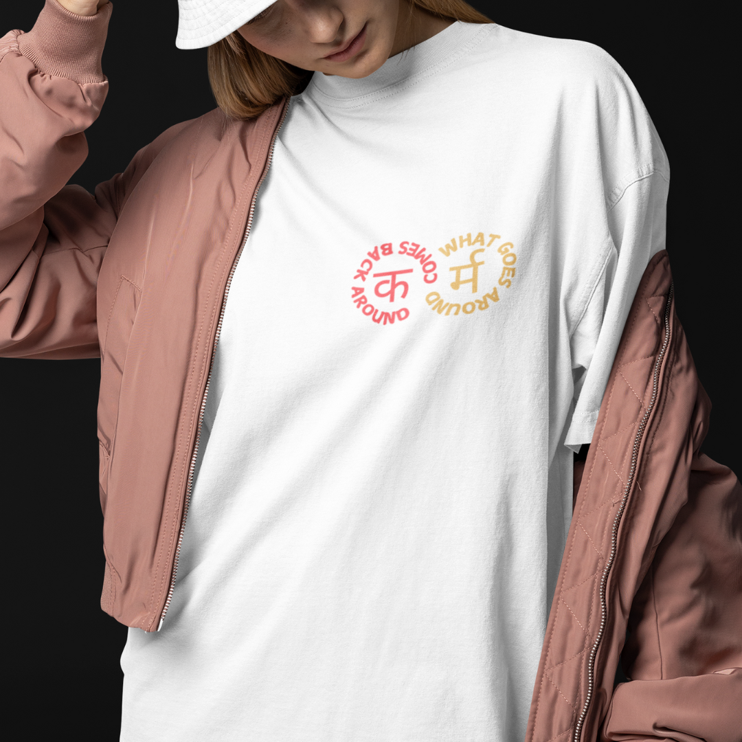 Indian streetwear Karma oversized t-shirt, Devanagari script design, unisex South Asian fashion for casual outings and party wear, available in Canada and America.