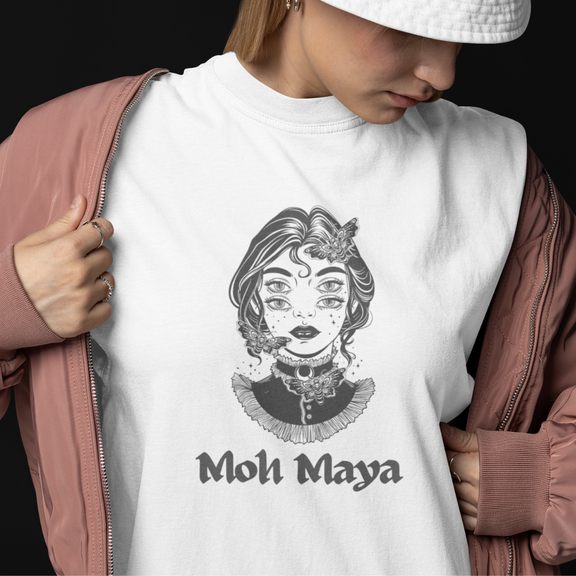 Indian streetwear Moh Maya t-shirt, cultural graphic oversized streetwear for South Asian party fashion, perfect for youth in Canada and the US