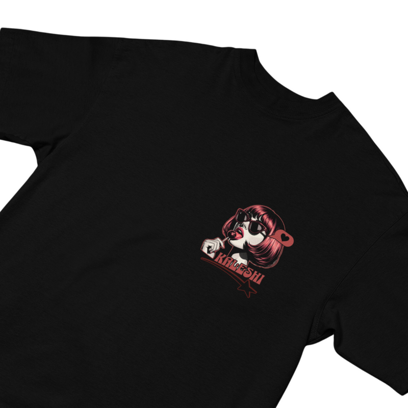 Kaleshi oversized black t-shirt with bold red lollipop graphic, perfect for Desi streetwear enthusiasts.