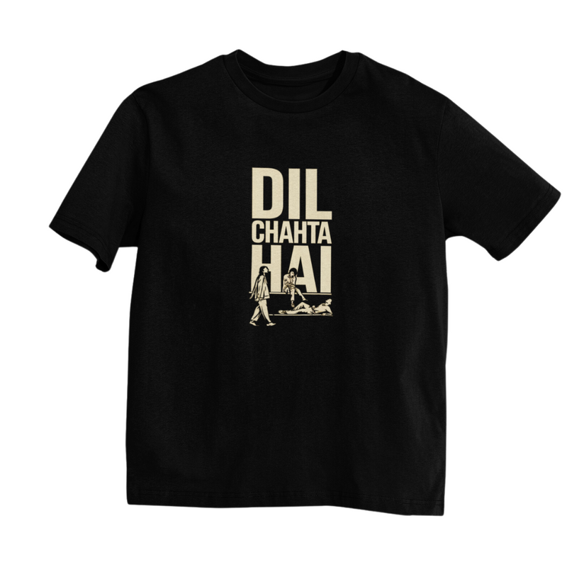 Dil Chahta Hai oversized black tee with Bollywood-inspired design, perfect for adventure-loving streetwear enthusiasts.