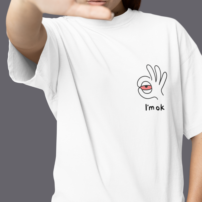Playful I’m Okay graphic t-shirt, fun oversized unisex streetwear for chill vibes and casual outings, SanSCARi collection