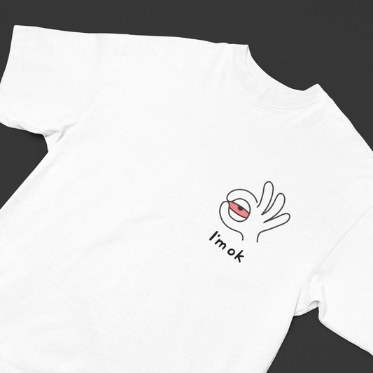 87Playful I’m Okay graphic t-shirt, fun oversized unisex streetwear for chill vibes and casual outings, SanSCARi collection 420, weed funny