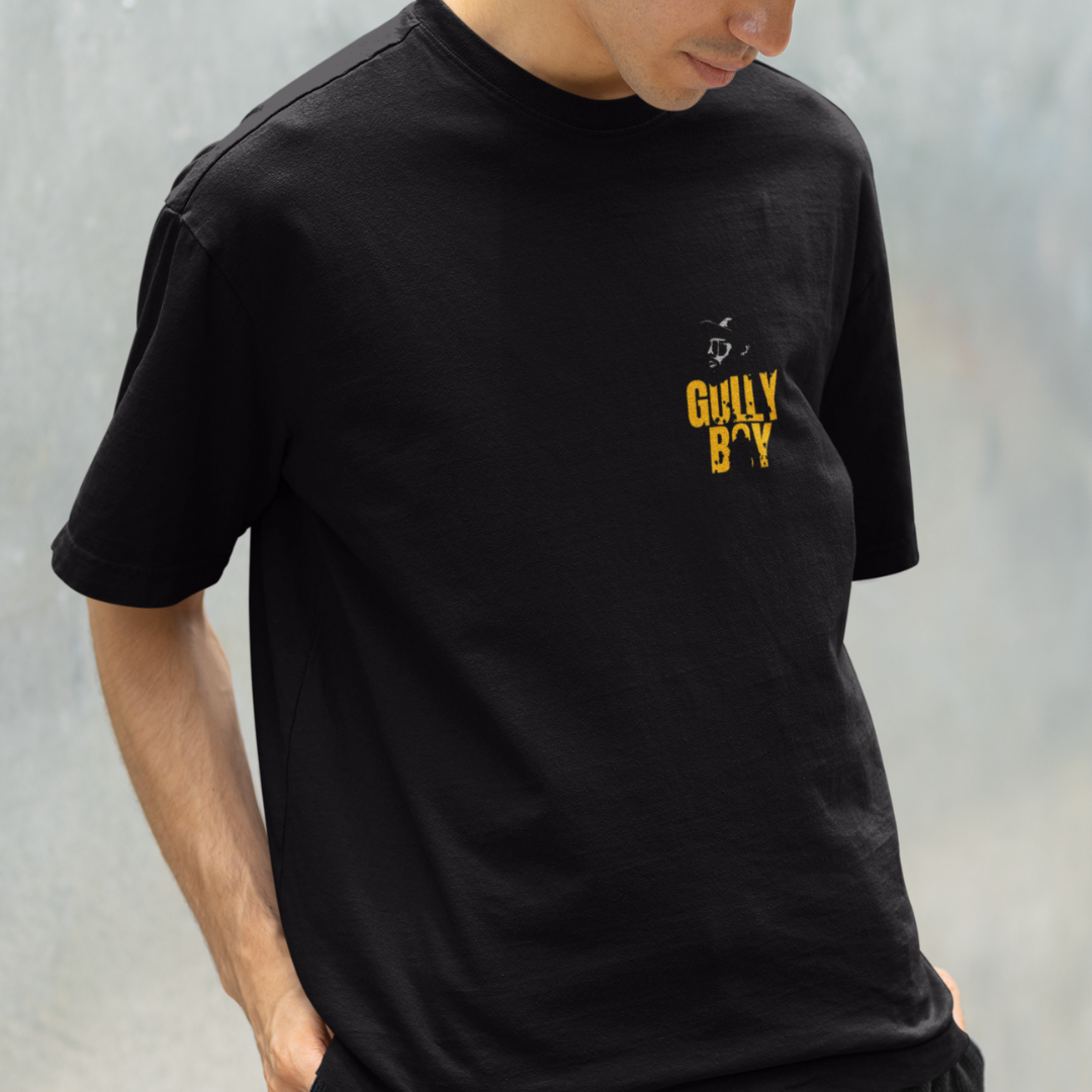 Gully Boy oversized black t-shirt with bold lettering, perfect for desi hip-hop streetwear enthusiasts.