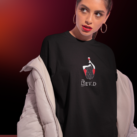 Bev.D oversized black t-shirt with Bollywood-inspired design, perfect for edgy streetwear enthusiasts.