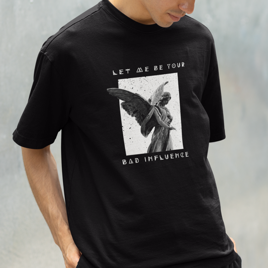 Bold Bad Influence graphic t-shirt, quirky oversized unisex streetwear, perfect for influencers and trendsetters, SanSCARi collection