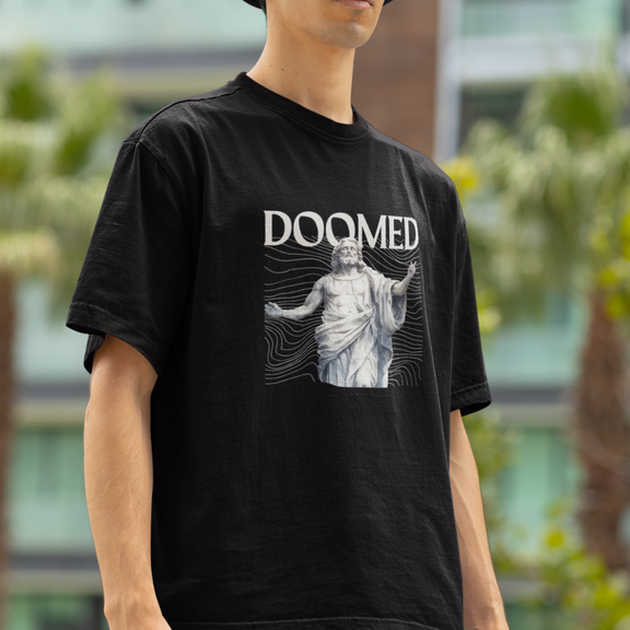 Bold Doomed graphic t-shirt, fun oversized streetwear for casual wear and parties, perfect for quirky fashion lovers, SanSCARi collection