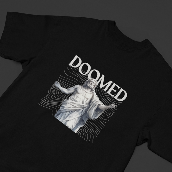Bold Doomed graphic t-shirt, fun oversized streetwear for casual wear and parties, perfect for quirky fashion lovers, SanSCARi collection funny