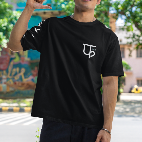 Bold Indian streetwear t-shirt with Devanagari script, Minimalistic F oversized unisex design, trendy South Asian party wear for Canada and America.