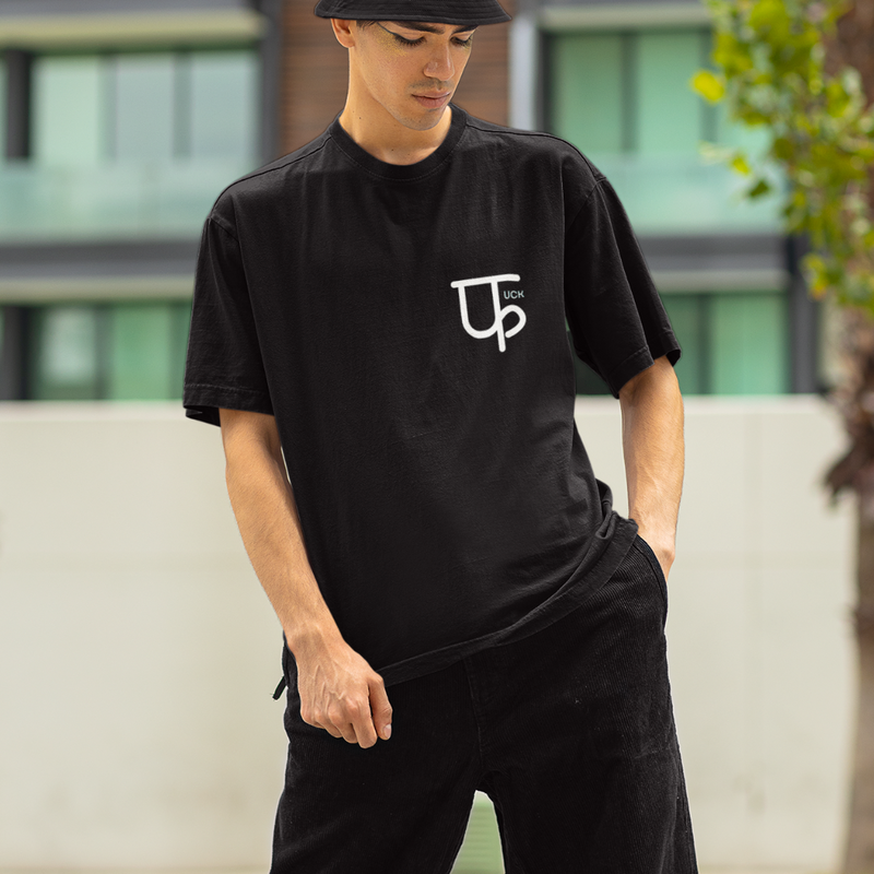 Bold Indian streetwear t-shirt with Devanagari script, Minimalistic F oversized unisex design, trendy South Asian party wear for Canada and America.