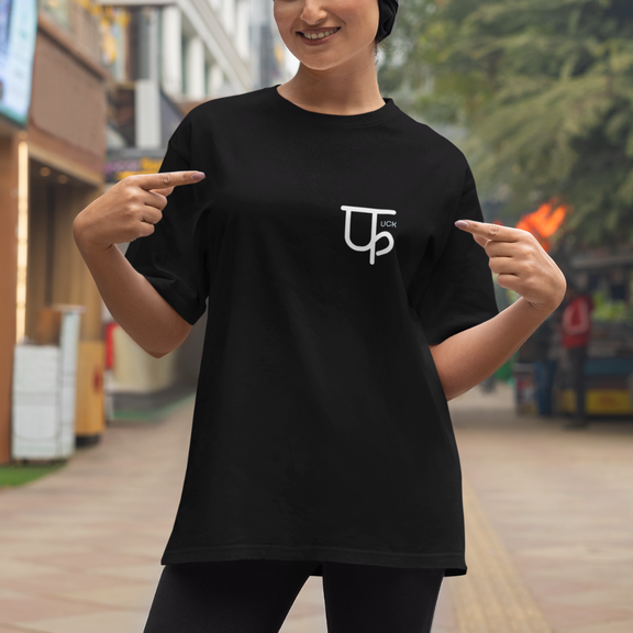 Bold Indian streetwear t-shirt with Devanagari script, Minimalistic F oversized unisex design, trendy South Asian party wear for Canada and America.