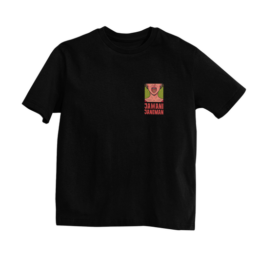 Jawaani Jaaneman oversized black t-shirt with Bollywood-inspired design, perfect for youthful streetwear enthusiasts.