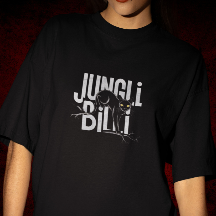 Jungli Billi oversized black tee with a wild black cat design, perfect for bold streetwear enthusiasts.