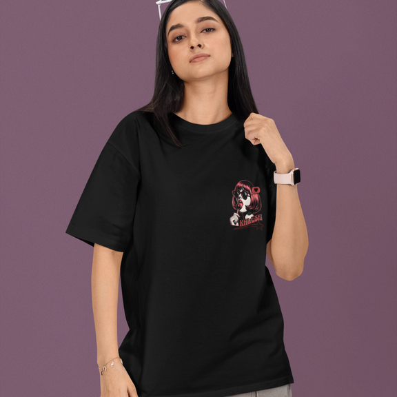 Kaleshi oversized black t-shirt with bold red lollipop graphic, perfect for Desi streetwear enthusiasts.