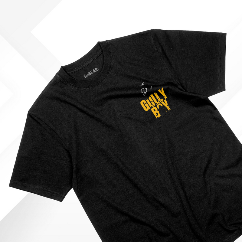 Gully Boy oversized black t-shirt with bold lettering, perfect for desi hip-hop streetwear enthusiasts.